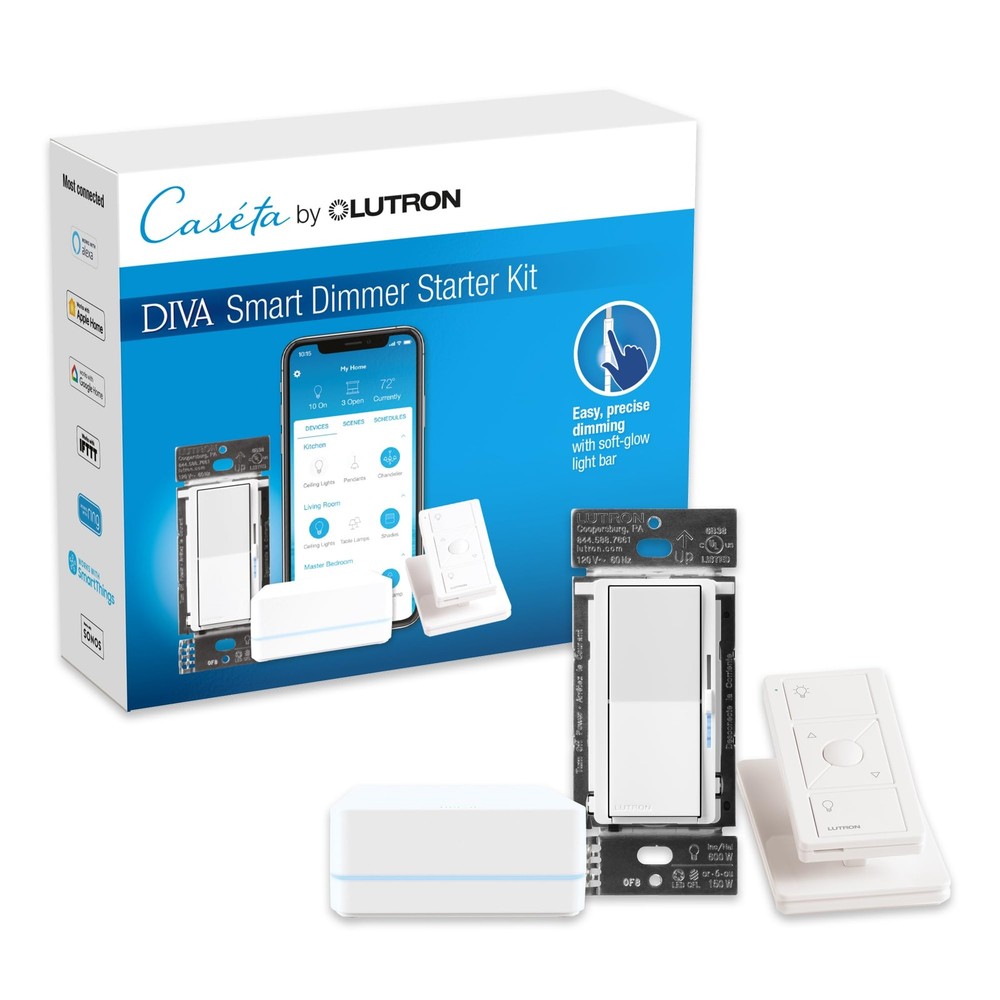 Lutron Diva Smart Dimmer Switch Kit for Caseta Lighting w/ Hub, 1 Pack, White