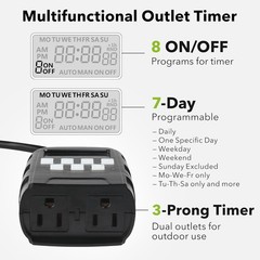 BN-LINK 7 Day Outdoor Heavy Duty Digital Programmable Timer Dual Outlet 8 On/Off