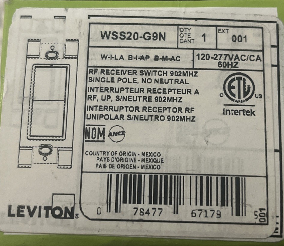 Leviton Decora Rocker Wall Switch Receiver WSS20-G9N White