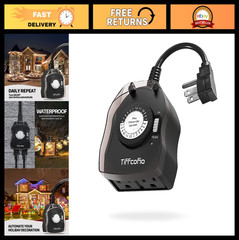 24-Hour Outdoor Timer with 2 Grounded Outlets, Waterproof for Pool & Garden, 15A