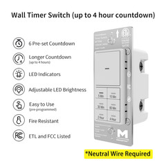 Countdown Timer Switch for Bathroom Fans and Lights, 5/10/30/60 Min, 2/4 Hours,