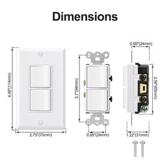 2 PCS Duplex Rocker Switch Wall Plate 15A 120V Single Pole AC Ground White