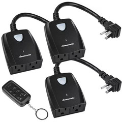 Outdoor Remote Control Outlet Switch Set, Black, 1 Remote 3 Outlets for Lamp/Lig