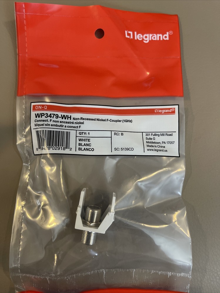 On Q Legrand WP3479-WH F Coaxial Connector WHITE Non Recessed Nickel Coupler