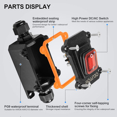 Waterproof on off Toggle Switch Double Outlet with Red Light Rocker Button Inlin