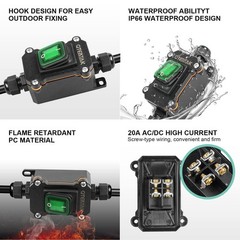 IP66 Green Inline Cord Switch, KCD4, DPST, 20A-125V, 16A-250V, Waterproof Box