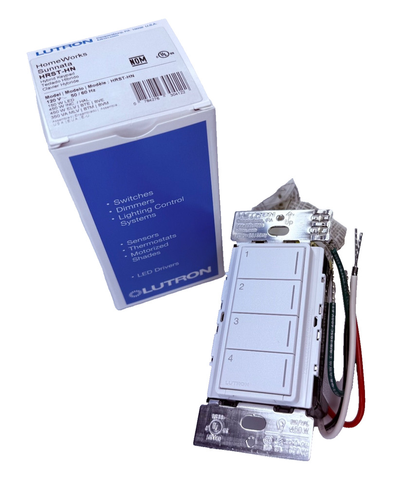 Lutron Homeworks Sunnata HRST-HN4B SW 4 Button Hybrid Keypad – White – NEW