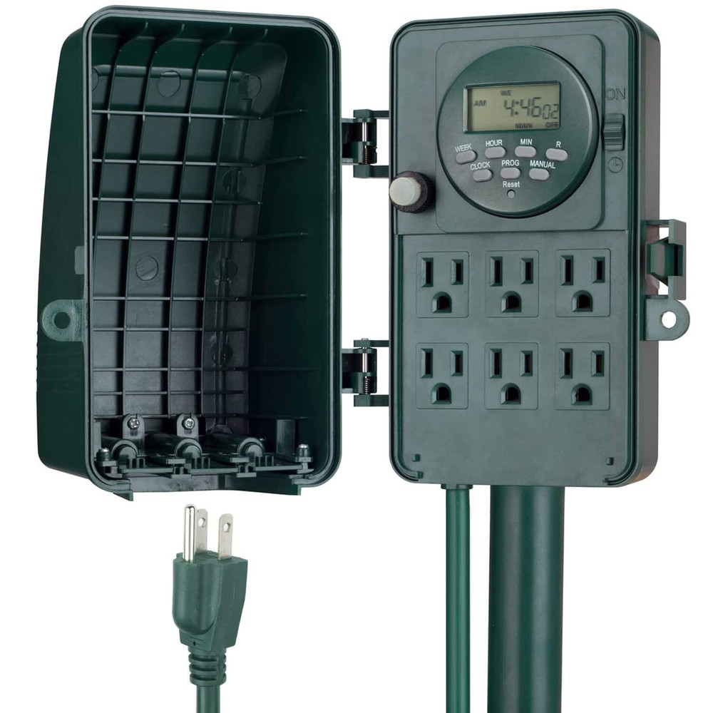 Outdoor Power Stake Timer 7 days Waterproof 6 Grounded Outlets Weatherproof