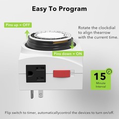 24 Hour Mechanical Timer Dual Outlet 3 Prong Accurate Indoor Lamps Fans White 18