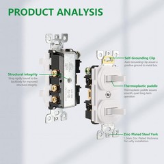 2Pack Double Toggle Switch 15 Amp 120V Combination Light SpaceSaving ETL White