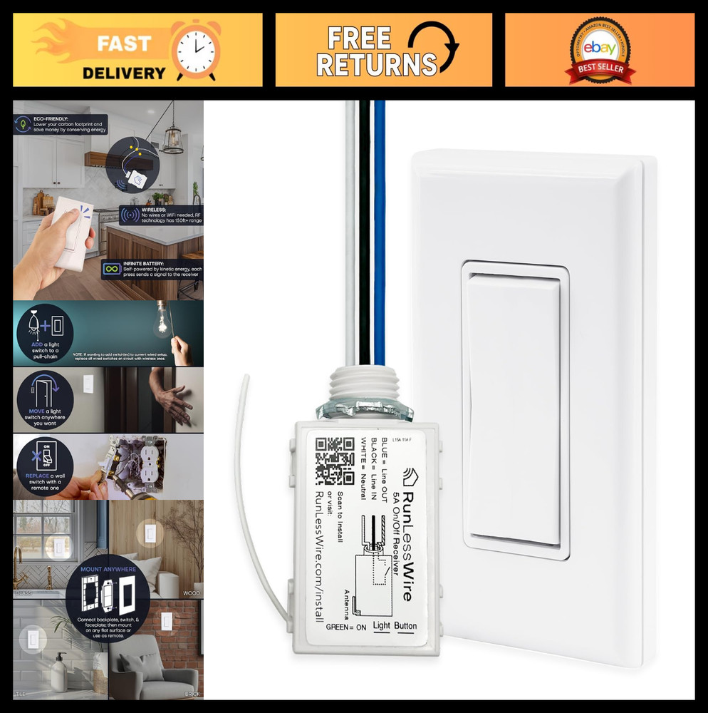DIY Wireless Light Switch Kit – Battery-Free, 150ft RF Range, Self-Powered, Remo