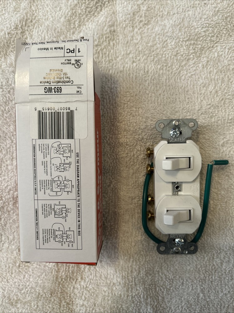 10-pass and Seymour 693-WG White Dual 3-Way Toggle Light Switch Duplex 15A
