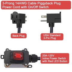Inline Cord Switch 14AWG 3 Prong Plug 20A 125V Waterproof Cable Piggyback Plug