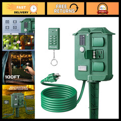Outdoor Power Stake Timer with 6 Outlets, 100FT Remote Control, Waterproof, Dusk