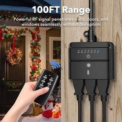 Outdoor Timer Outlet, Dusk-to-Dawn & Remote Control (100ft) – 3 Outlets&Remote