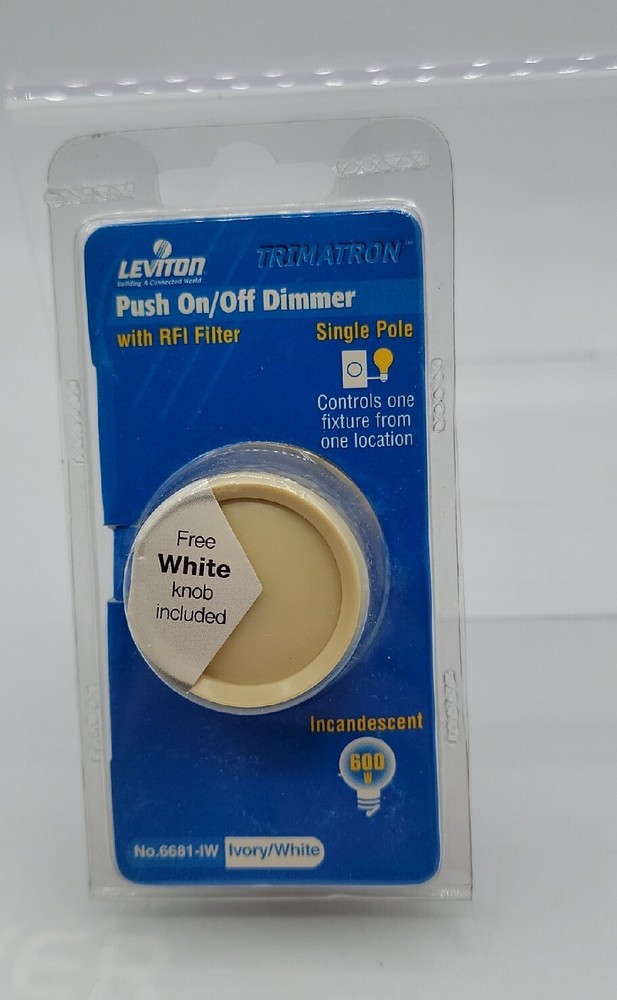 Leviton Rotary Single Pole Push ON/OFF Dimmer Switch 600W 6681-1W White & Ivory