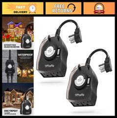 24-Hour Outdoor Timer for Lights, Waterproof Dual Outlet, Heavy Duty 15A, 2 Pack