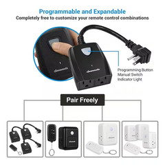 Outdoor Remote Control Outlet Switch Set, Black, 1 Remote 3 Outlets for Lamp/Lig