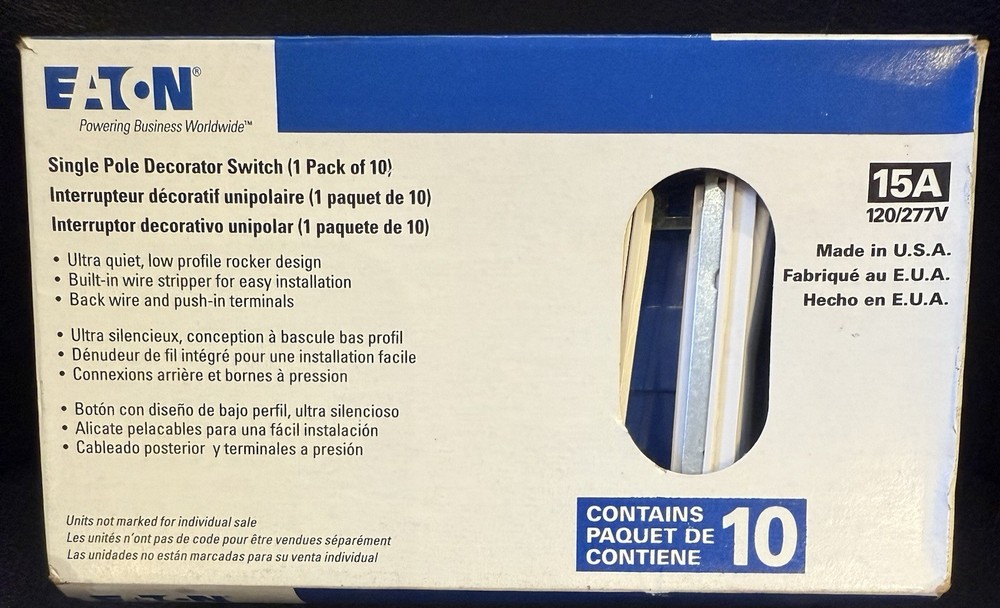 10 Pack EATON 15 AMP Single Pole Decorator Switch -WHITE- #7501W-10-LW