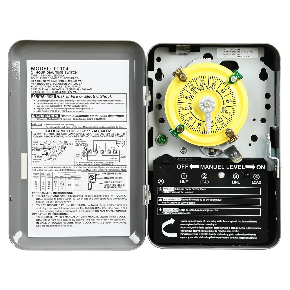 T104 Mechanical Timer Switch,208-277V AC DPST 40A,Pool Pump Switch,Heavy Duty Po