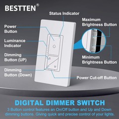 Bestten 5 Pack Super Slim Digital Dimmer Light Switch Screwless Wallplate