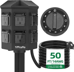 TiFFCOFiO Outdoor Power Strip Timer, Dusk to Dawn Light Sensor Countdown, 50 Fee