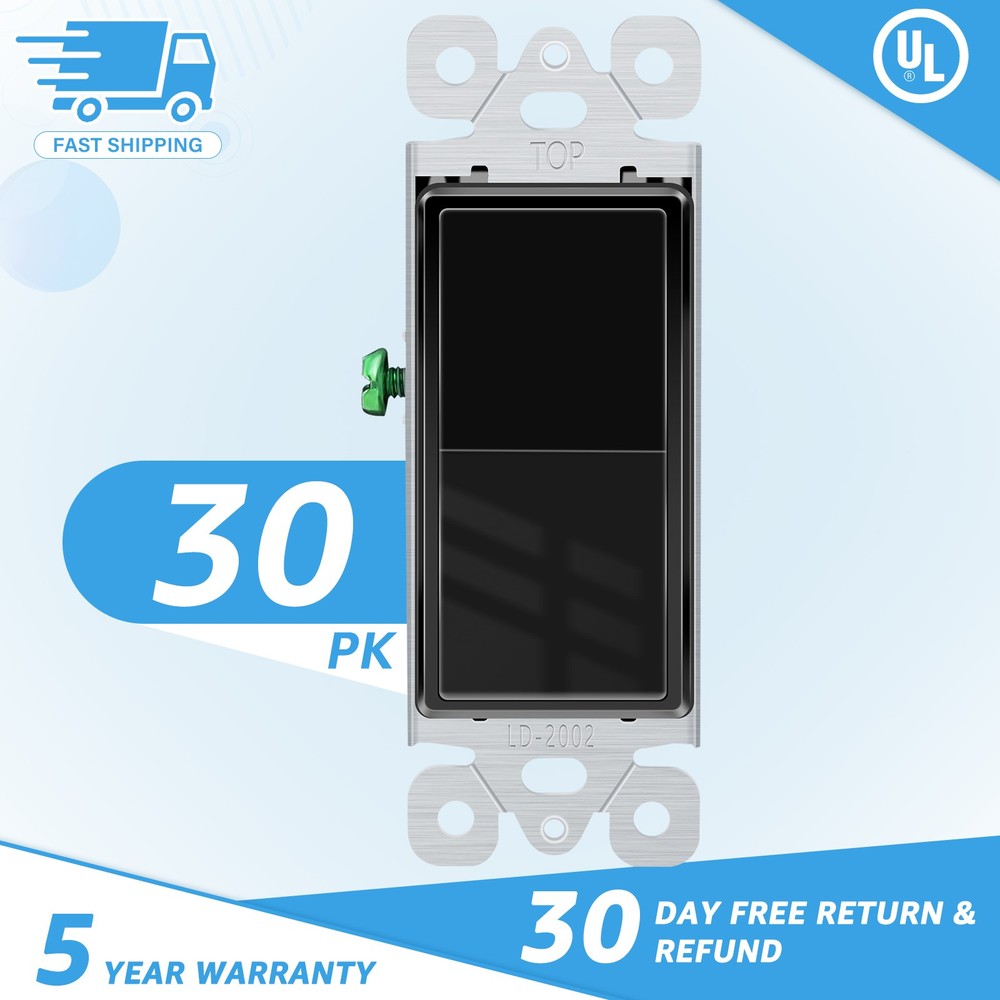 30PK Black Decorator 3 Way Rocker Switch 15A 120/277V UL Certified Single Pole