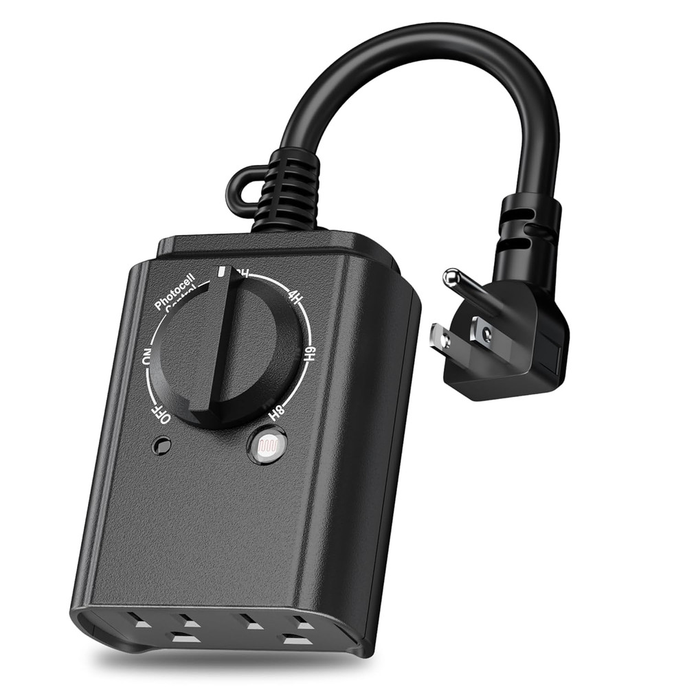 Outdoor Light Timer with Dusk to Dawn Sensor, Weatherproof Dual Grounded Outlets