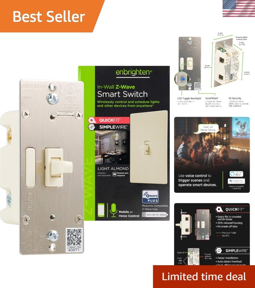 Almond Z-Wave Plus Smart Light Switch with QuickFit and SimpleWire, 3-Way Rea…