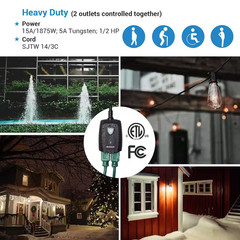 Outdoor Remote Control Outlet Switch Set, Black, 1 Remote 3 Outlets for Lamp/Lig