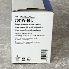 Pk of 10 Eaton 7501W-10-L Single Pole Decorator Switch 15A-120/277V White – New