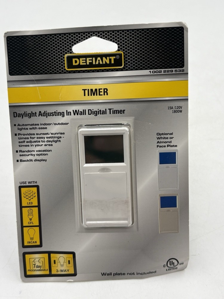 DEFIANT 15 Amp In-Wall 3-Way Daylight Adjusting Digital Timer Switch, White NEW