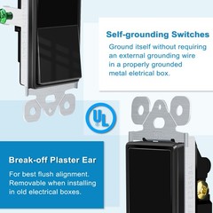 15A 120/277V Black Single Pole Rocker Light Switch UL/CUL Listed Home Use 30PK