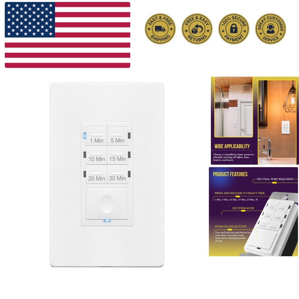Countdown Timer Switch for Bathroom Fans and Lights, 1-30 Min, Neutral Wire R…