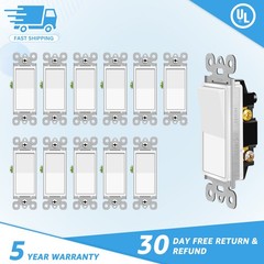12PCS White 3 Way Rocker Paddle Switch 15A 120/277V UL/CUL Certified Home Use