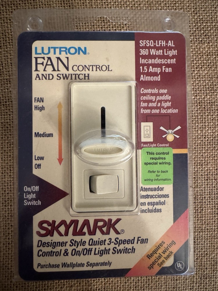 LUTRON Fan Control & Switch 3 Fan Speeds On/Off Switch Almond SFSQ-LFH-AL