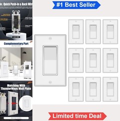 White Decorator Light Switch 15A 120V-277V Single Pole On Off Paddle 10 Pack