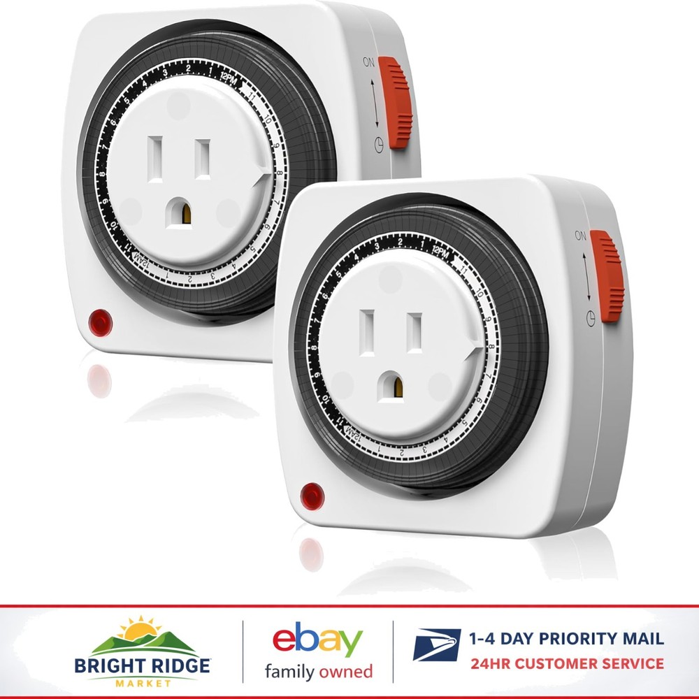 24-Hour Heavy Duty Mechanical Outlet Timer with 15-Minute Intervals – 2-Pack