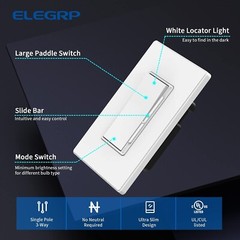 ELEGRP Slide Dimmer Rocker Switch 300W Dimmable LED / CFL DM19-WH, NEW, 600W