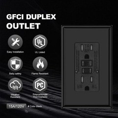15A GFCI Receptacle Outlet,WR TR Tamper Resistant,LED Indicator,Black,ETL listed