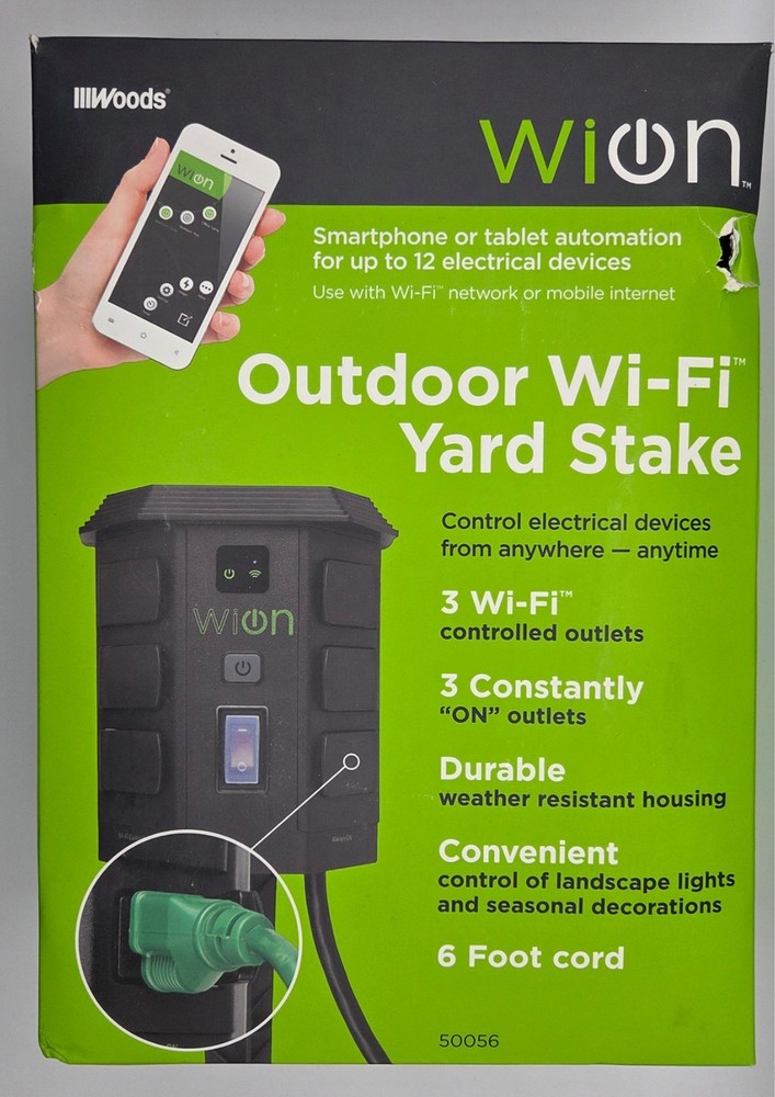 Woods WiOn 50056 Outdoor Wi-Fi Plug-in Yard Stake – 3 Wi-Fi Outlets – Black NEW